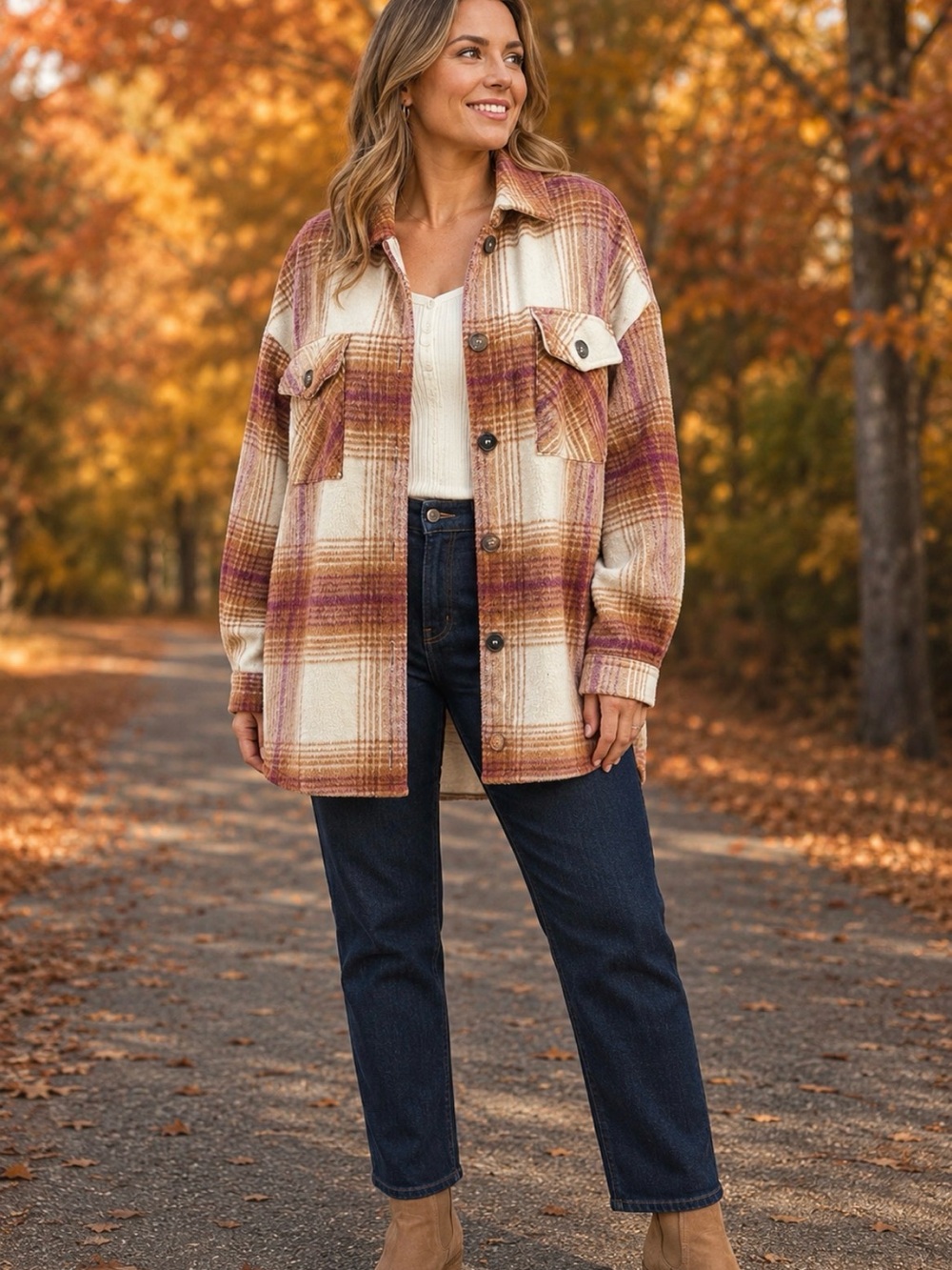 Altar’d State Plaid Shacket Womens M Cream Brown Oversized Utility Jacket Fall